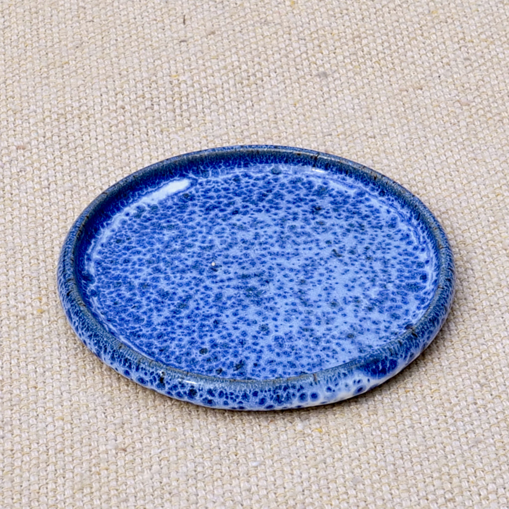 tiny handmade ceramic plate, teabag holder, trinket dish, blue speckled glaze, enamel, wheel thrown