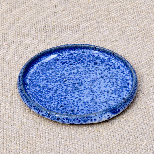 tiny handmade ceramic plate, teabag holder, trinket dish, blue speckled glaze, enamel, wheel thrown