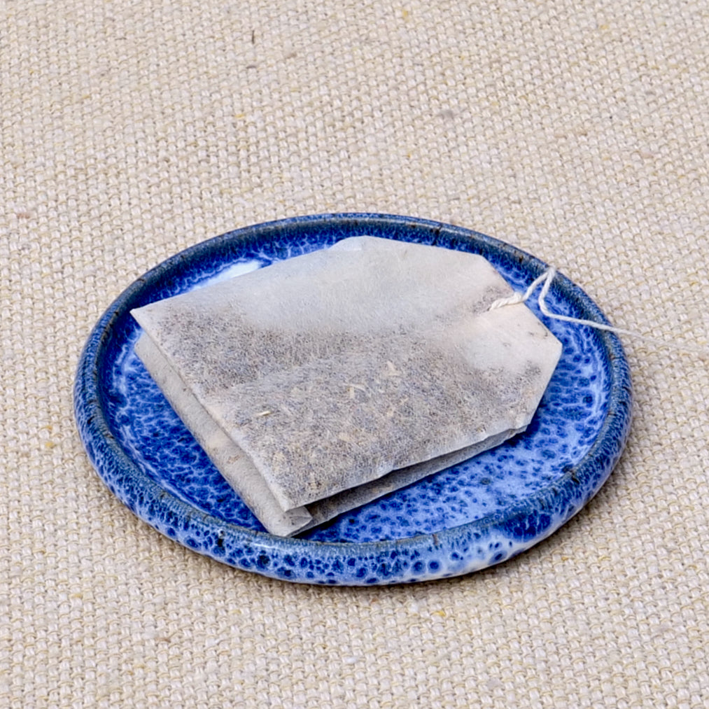 tiny handmade ceramic plate, teabag holder, trinket dish, blue speckled glaze, enamel, wheel thrown