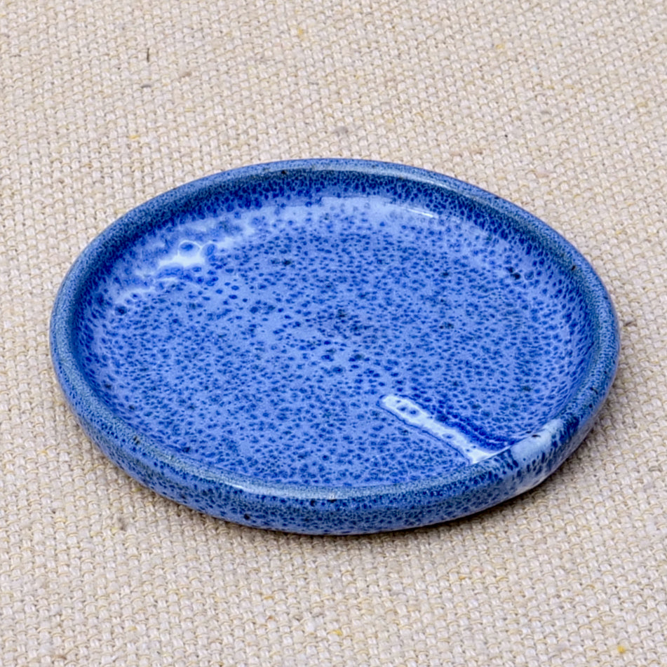 tiny handmade ceramic plate, teabag holder, trinket dish, blue speckled glaze, enamel, wheel thrown