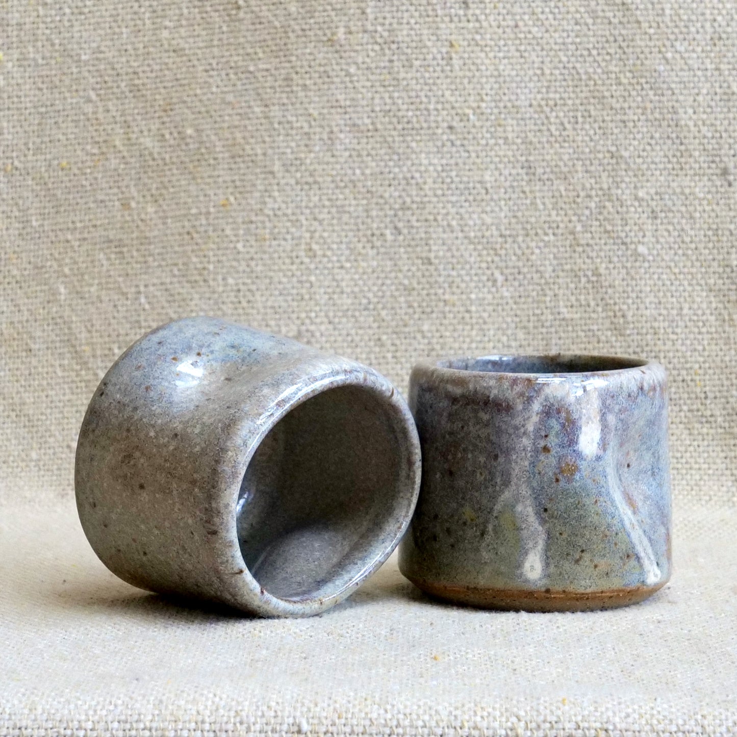 handmade ceramic espresso cortado cup, beige grey speckled glaze, pinch cup, thumb cup, pottery