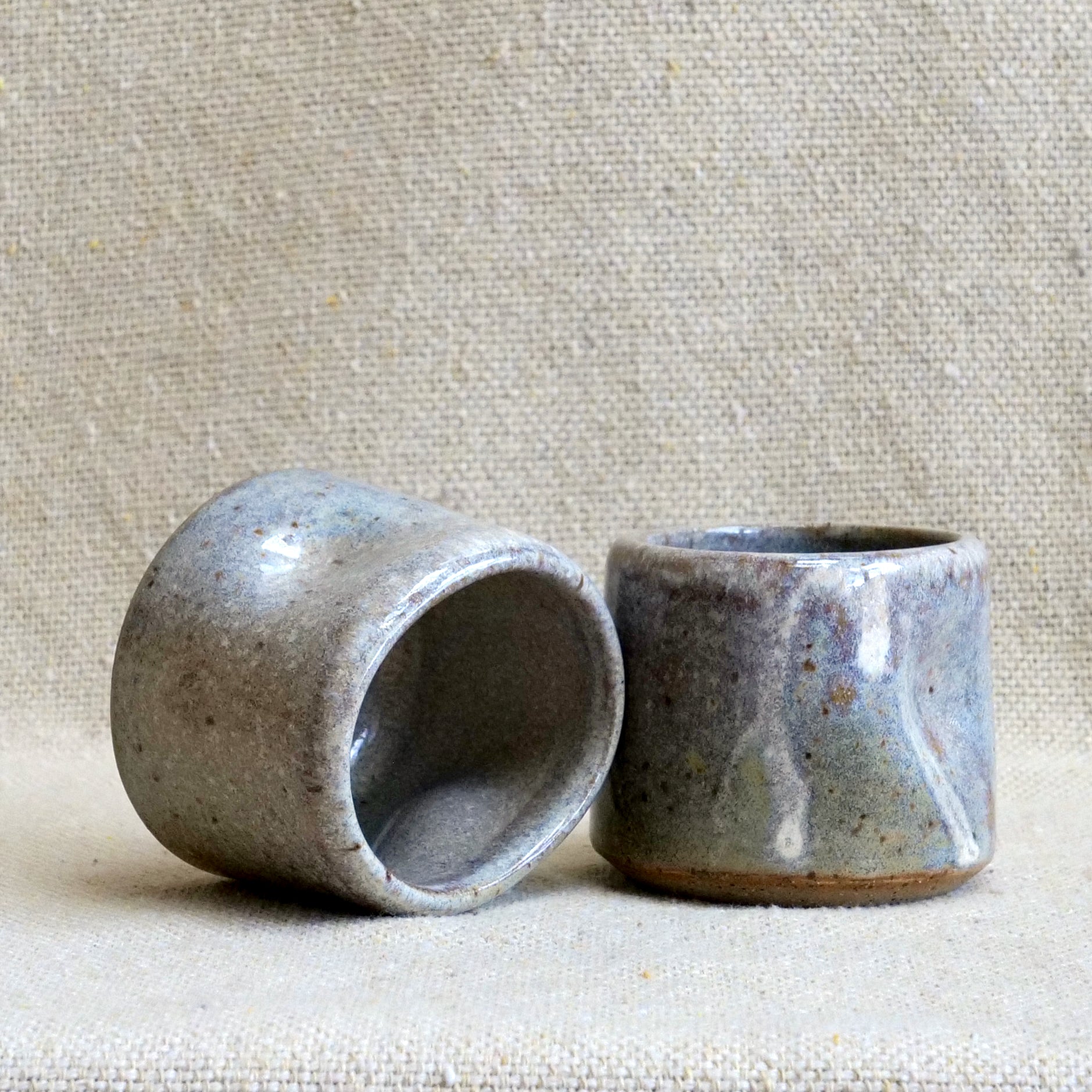 handmade ceramic espresso cortado cup, beige grey speckled glaze, pinch cup, thumb cup, pottery