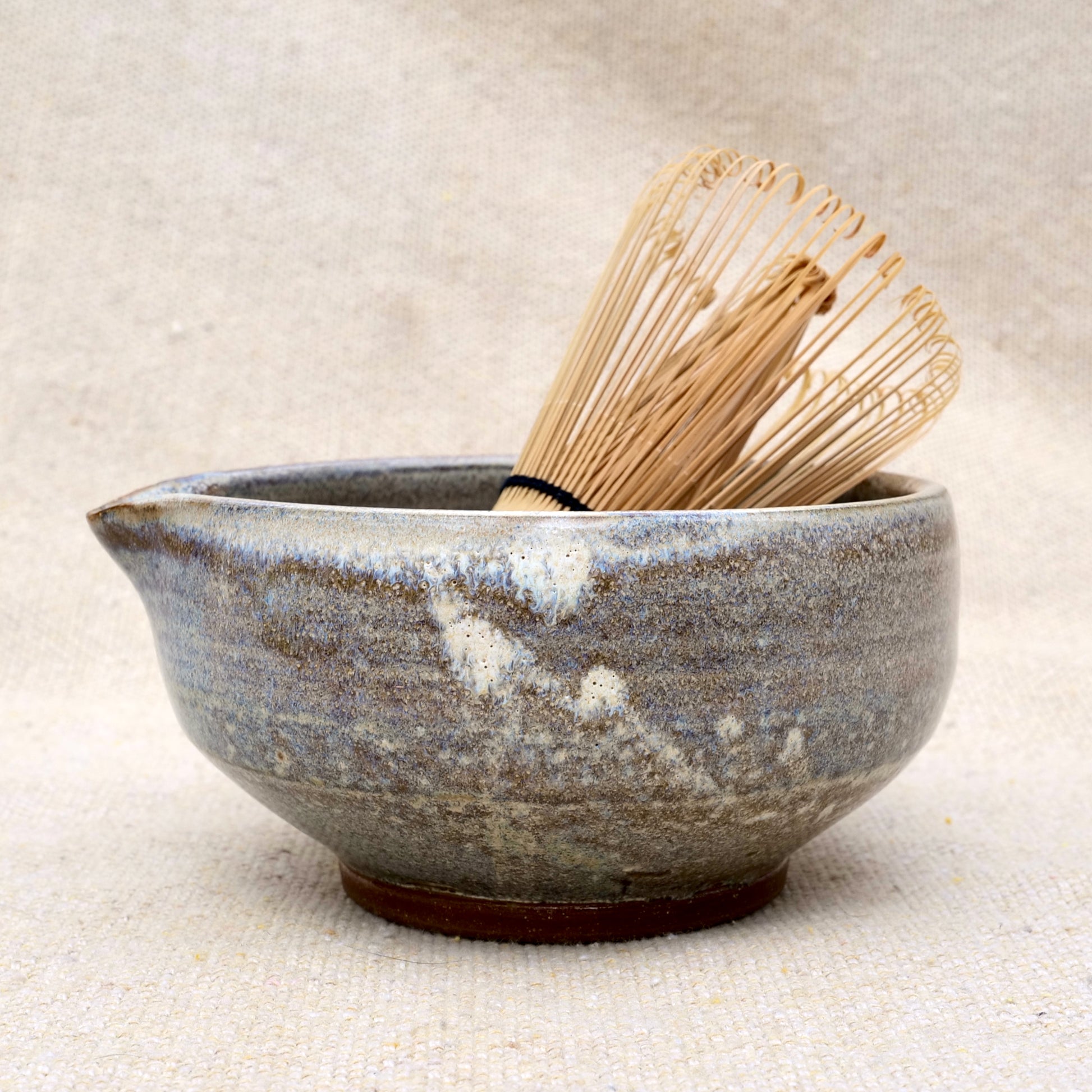 handmade ceramic matcha bowl, tea bowl, spout, mixing bowl, neutral brown grey glaze