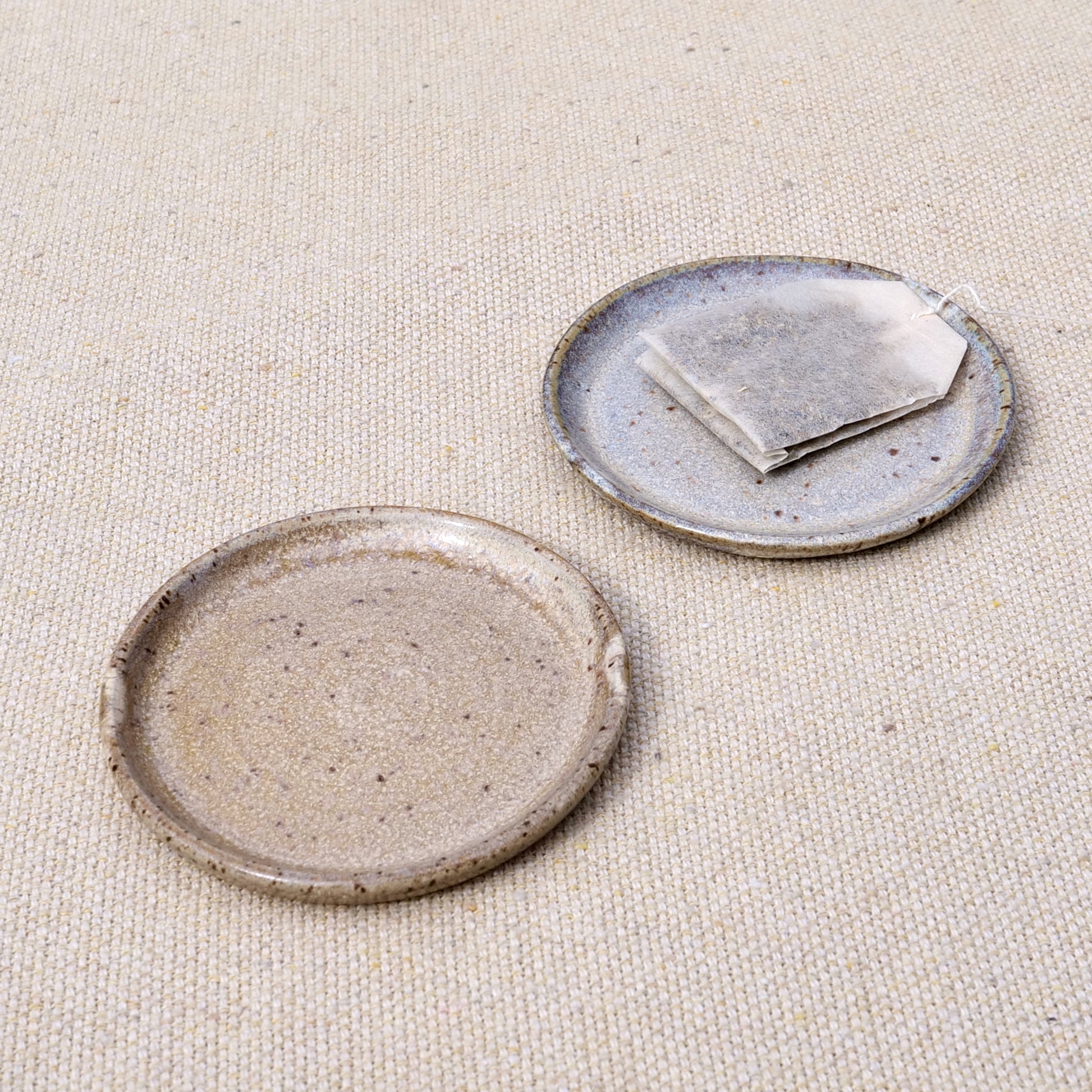 tiny handmade ceramic plate, teabag holder, trinket dish, earthy neutral granite speckled pattern, wheel thrown