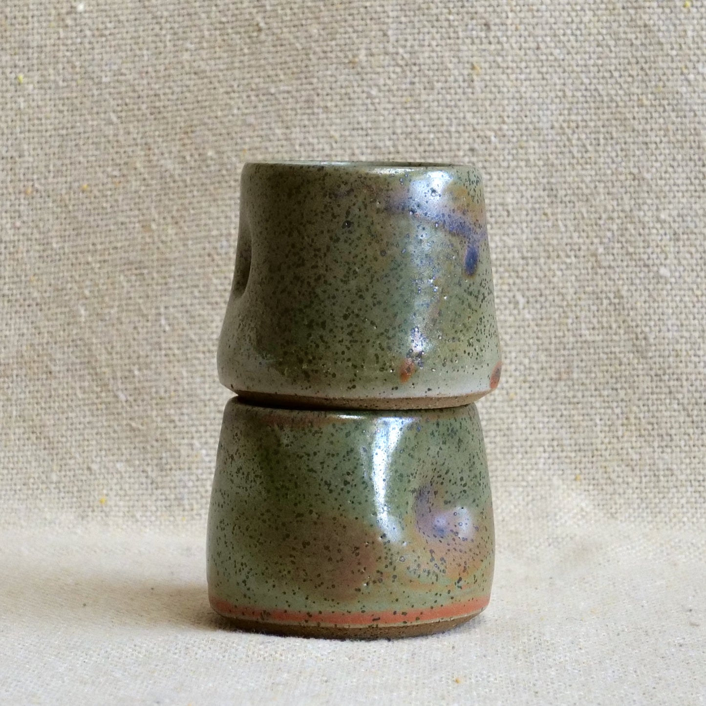 handmade ceramic espresso cortado cup, earthy green speckled glaze, pinch cup, thumb cup, pottery
