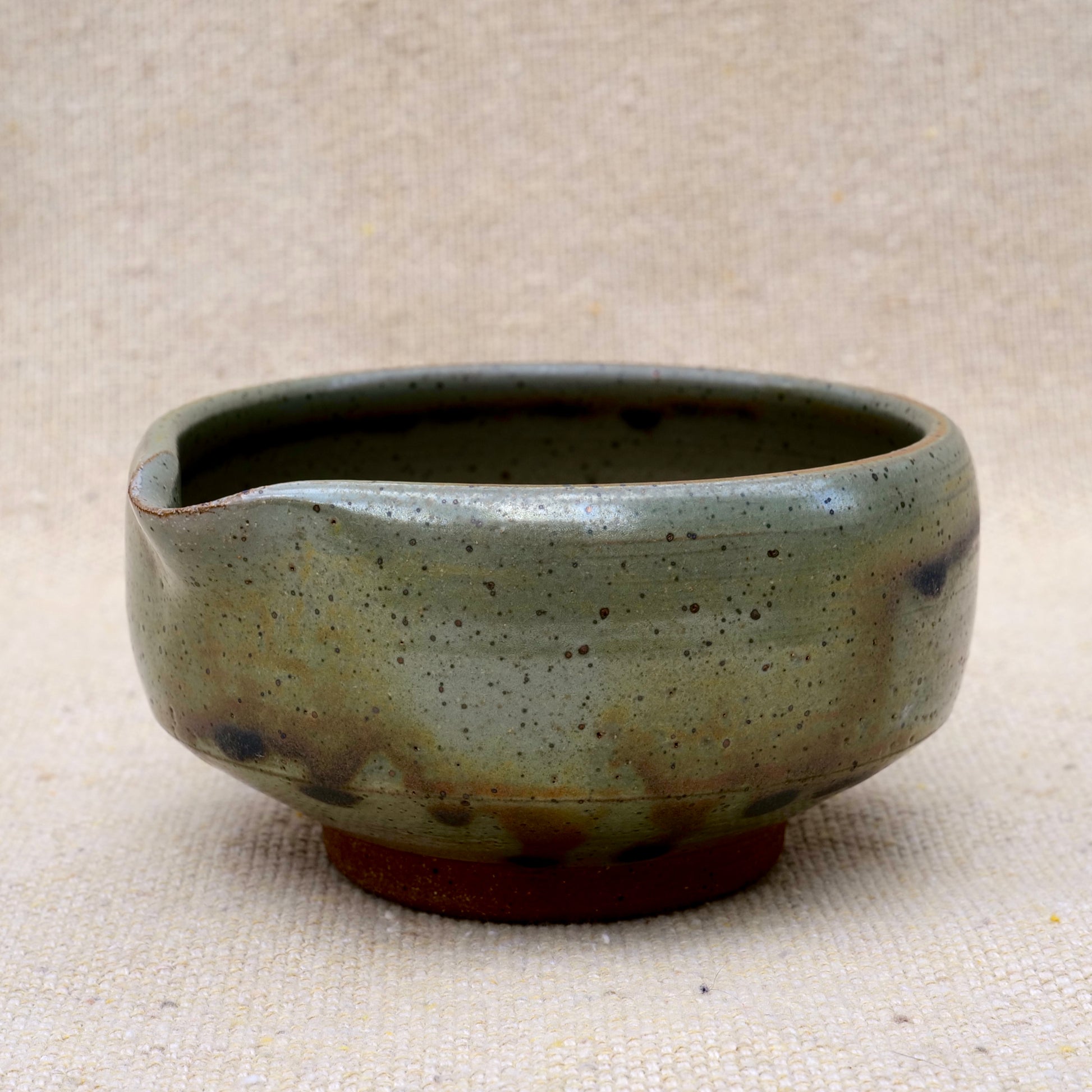 handmade ceramic matcha bowl, tea bowl, spout, mixing bowl, earthy green brown glaze