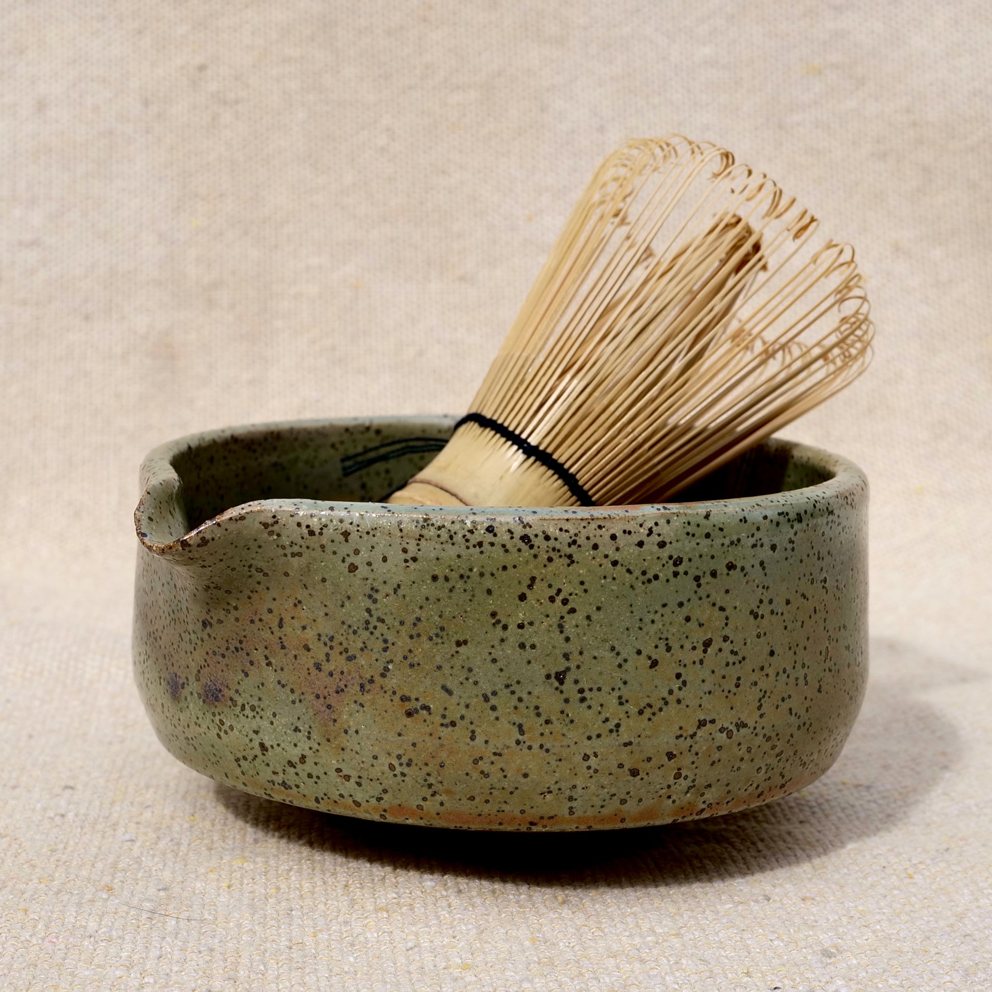 handmade ceramic matcha bowl, tea bowl, spout, mixing bowl, earthy green brown glaze