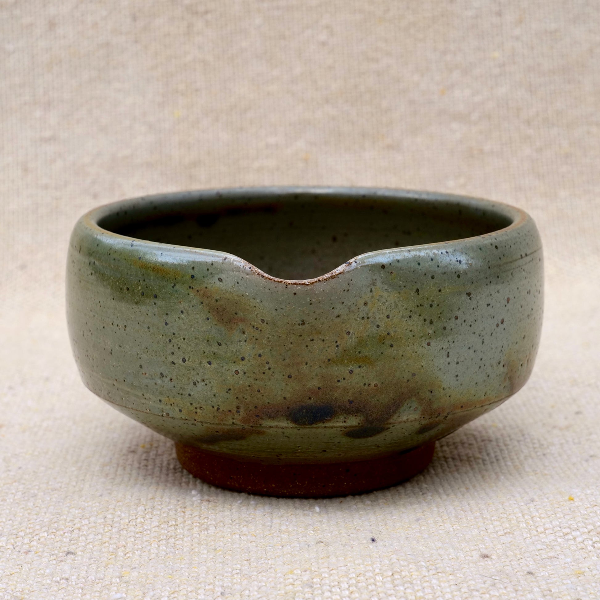 handmade ceramic matcha bowl, tea bowl, spout, mixing bowl, earthy green brown glaze