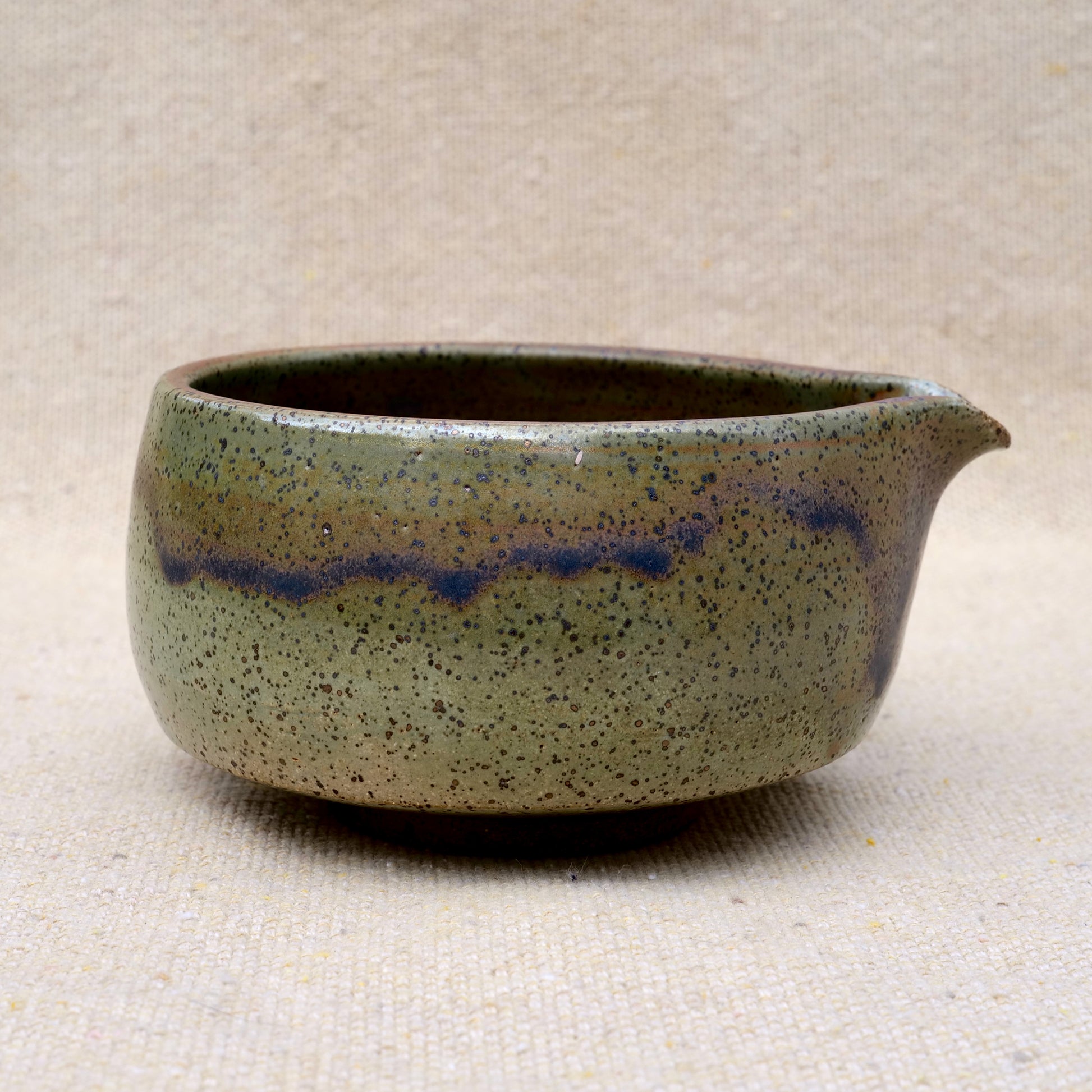handmade ceramic matcha bowl, tea bowl, spout, mixing bowl, earthy green brown glaze