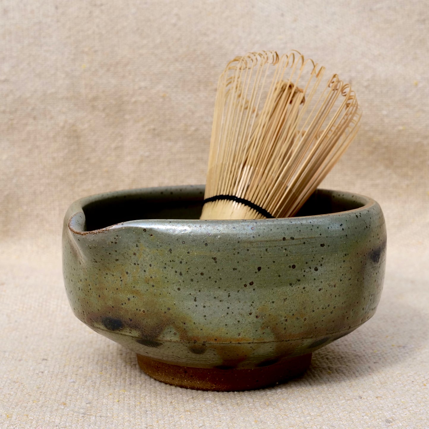 handmade ceramic matcha bowl, tea bowl, spout, mixing bowl, earthy green brown glaze