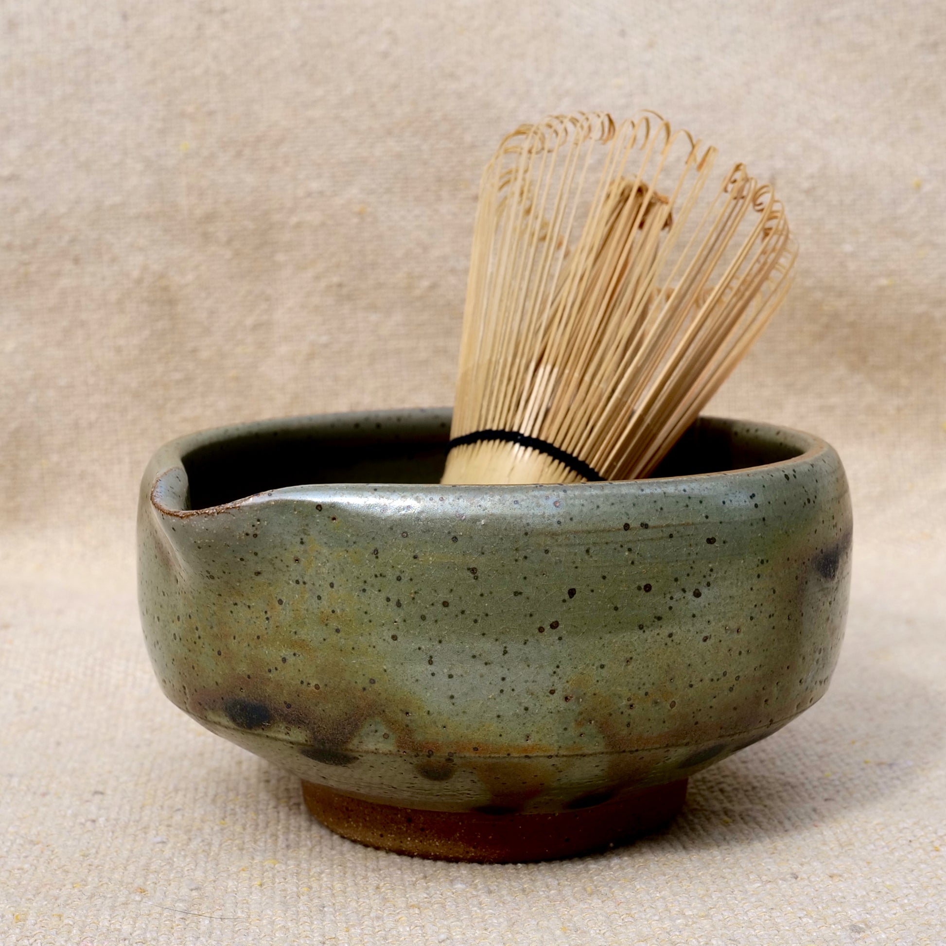 handmade ceramic matcha bowl, tea bowl, spout, mixing bowl, earthy green brown glaze