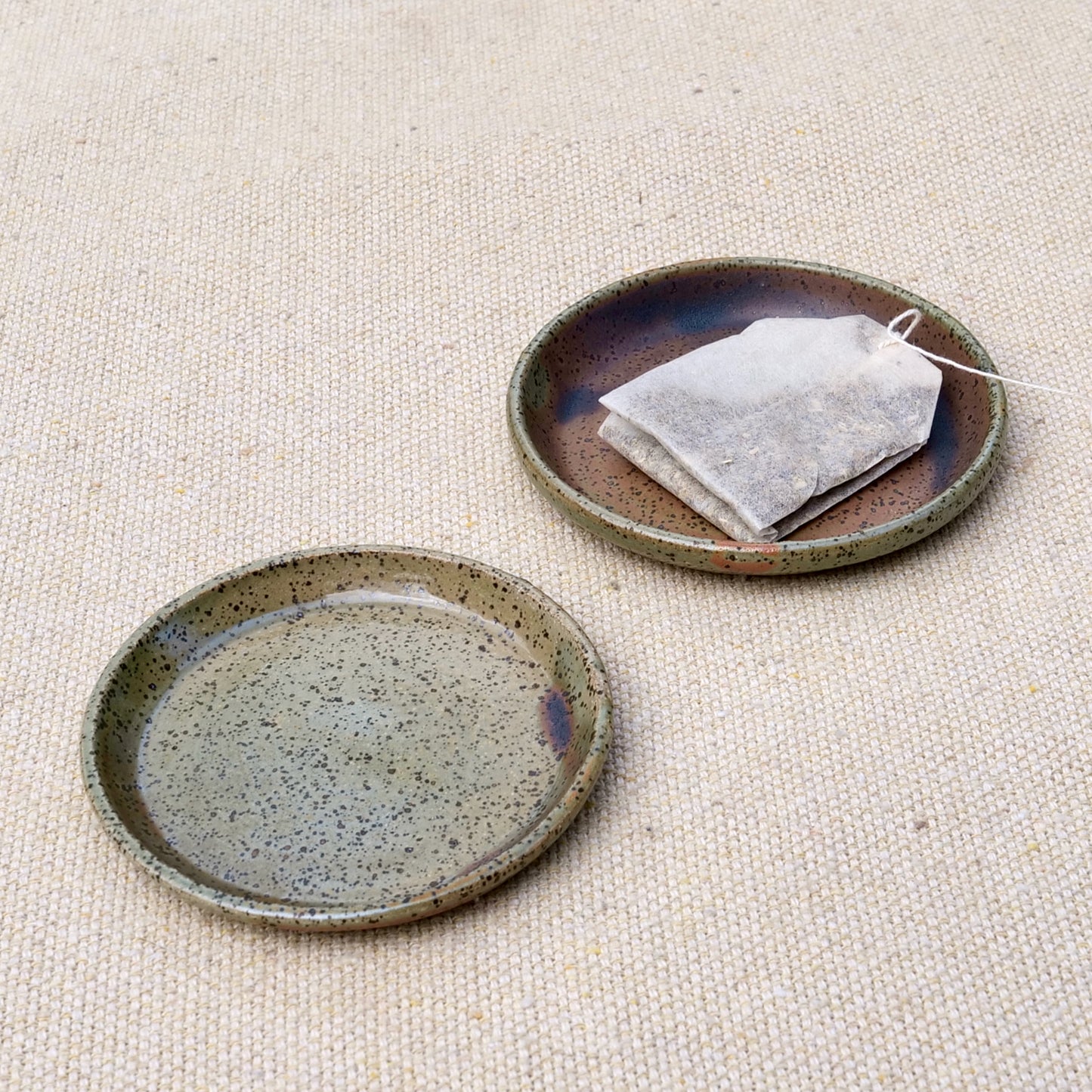 tiny handmade ceramic plate, teabag holder, trinket dish, earthy green glaze, wheel thrown