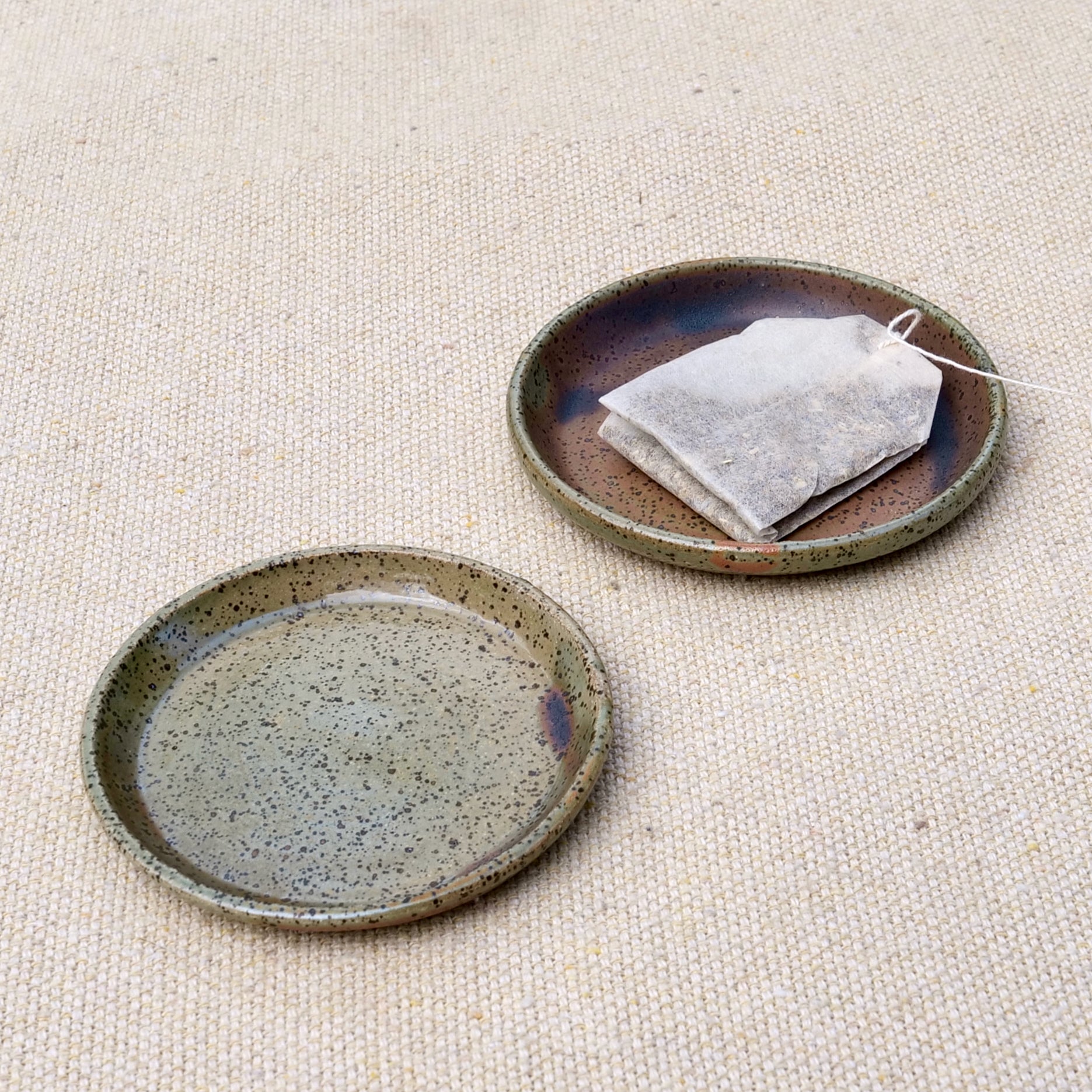 tiny handmade ceramic plate, teabag holder, trinket dish, earthy green glaze, wheel thrown