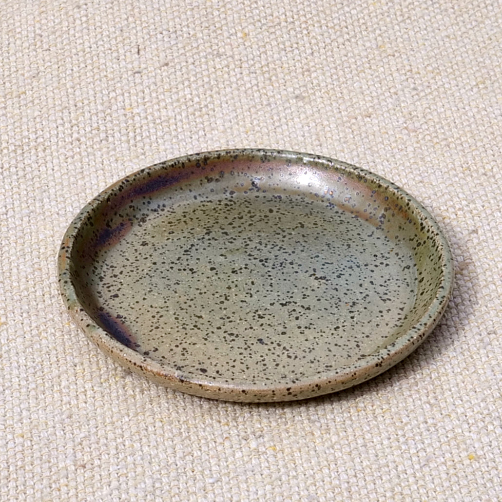 tiny handmade ceramic plate, teabag holder, trinket dish, earthy green glaze, wheel thrown
