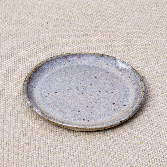tiny handmade ceramic plate, teabag holder, trinket dish, earthy neutral granite speckled pattern, wheel thrown