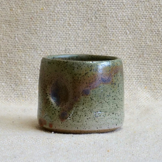 handmade ceramic espresso cortado cup, earthy green speckled glaze, pinch cup, thumb cup, pottery